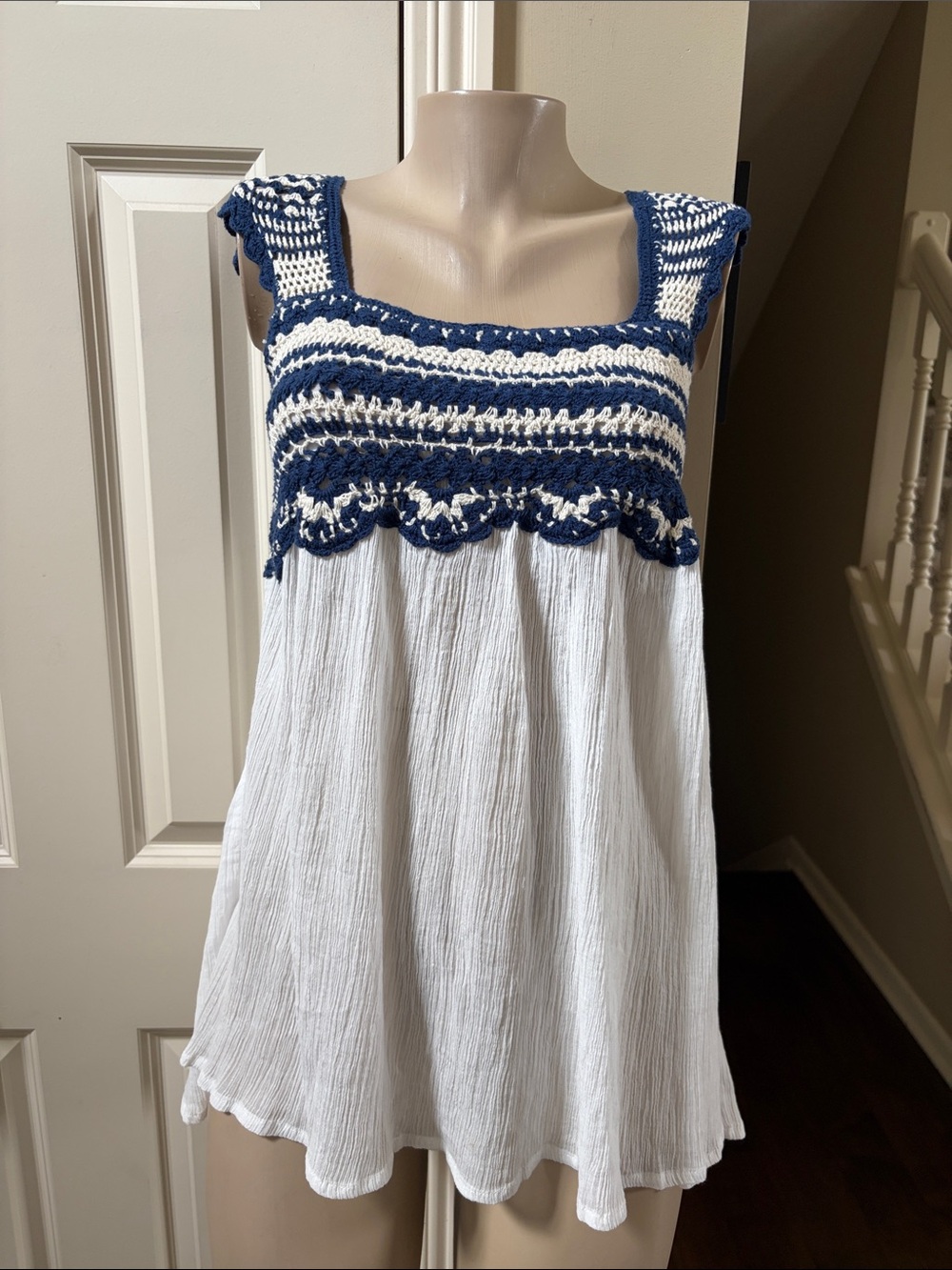 Calypso St. Barth Navy and White Crochet Tank Strap crinkle gauze Top, XS